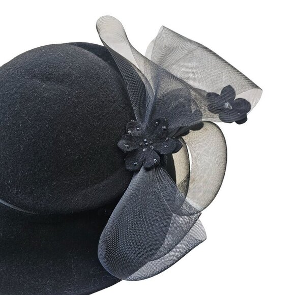 Signature Deborah Black Felt Kettle Brim Hat Sz 22.5" Crinoline Black Rhinestone - Picture 6 of 11